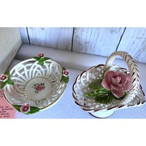 Vintage Porcelain Levante Made in Spain small ceramic woven basket